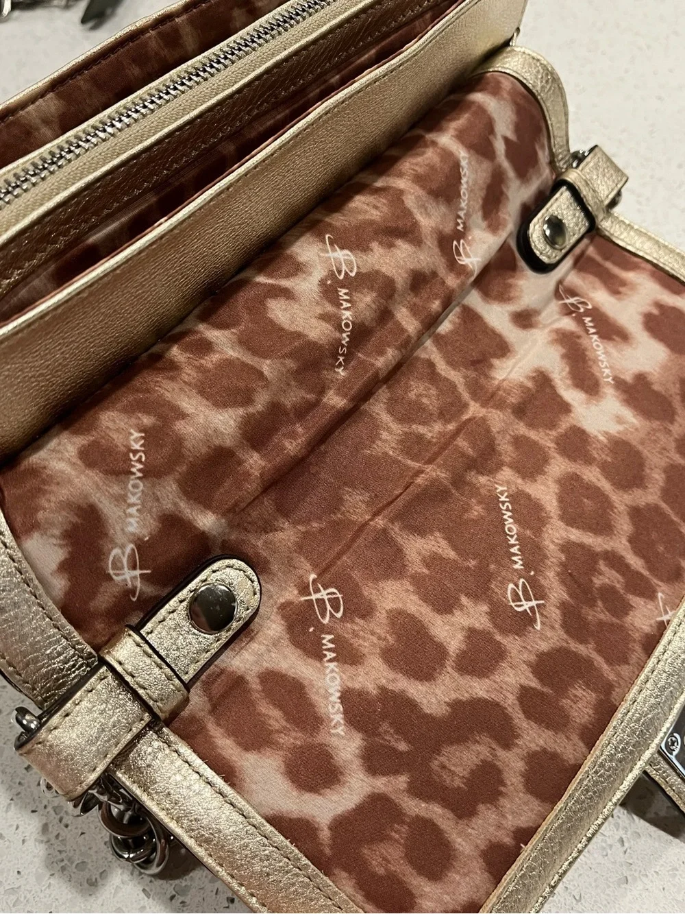 Vintage B. Makowsky Metallic Gold Leather Shoulder Bag: Leopard Print Interior